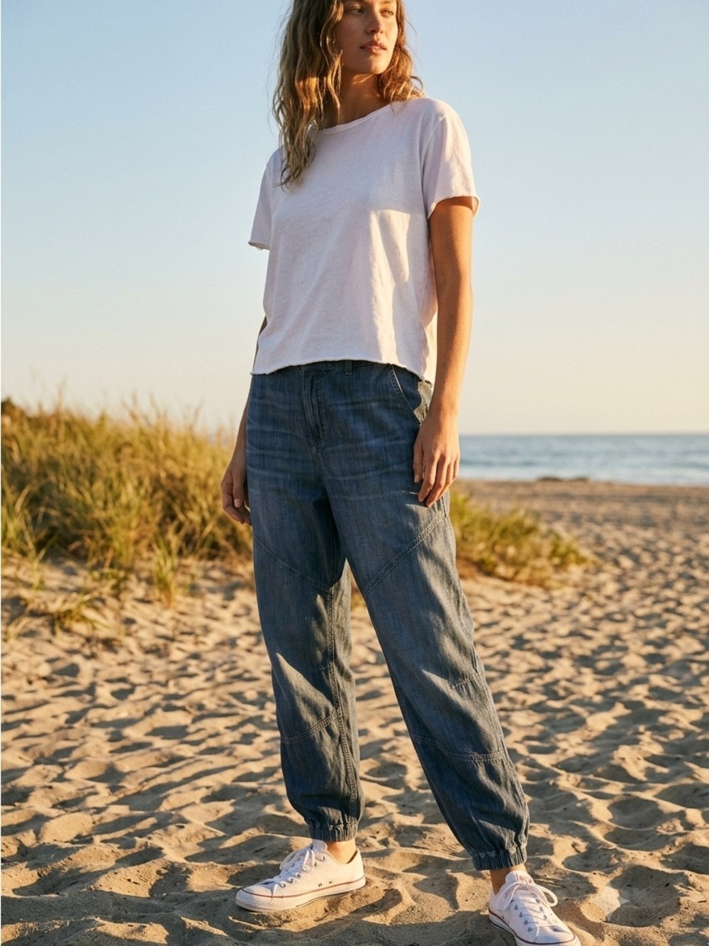 Ruti Light Weight Jogger Pants Hugh Rise Elastic Waist Chambray Boho Womens US 4